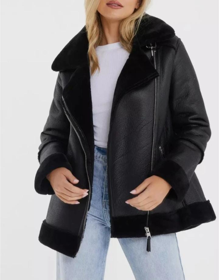 Black Sheep Leather Faux Fur Jacket: Women's Stylish All-Season Wear